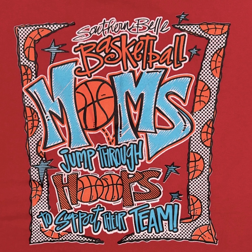 Southern Belle Basketball Moms Shirt Red with Graphics on Back Size Women's Med